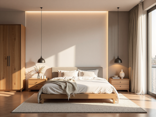 卧室套房案例,温馨舒适的卧室环境,家具配套完整,灯光柔和