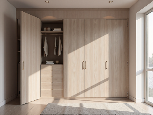 现代简约风格卧室套装,包含床架、衣柜、床头柜,浅色木质纹理,线条简洁流畅