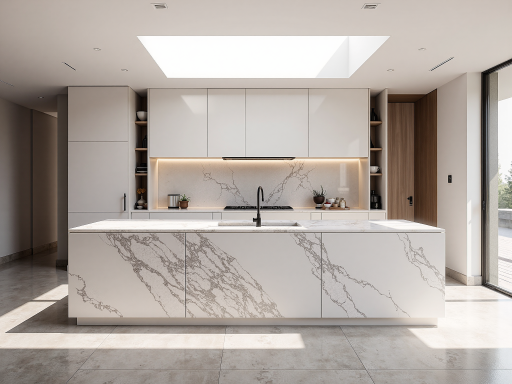 现代厨房橱柜,白色门板配黑色台面,整体设计简洁大方,储物功能强大