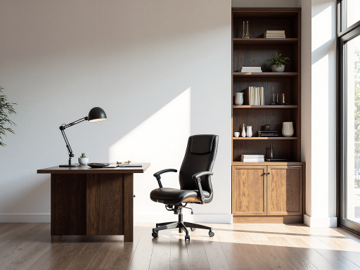 现代办公桌椅套装,简约设计,深色木质桌面配黑色办公椅,商务风格